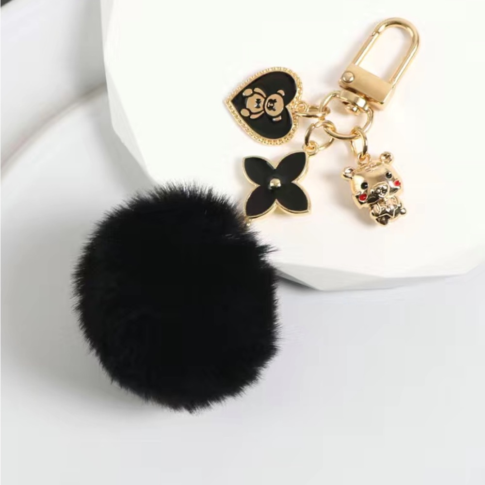 BAG CHARM Black Pom Pom With Charms